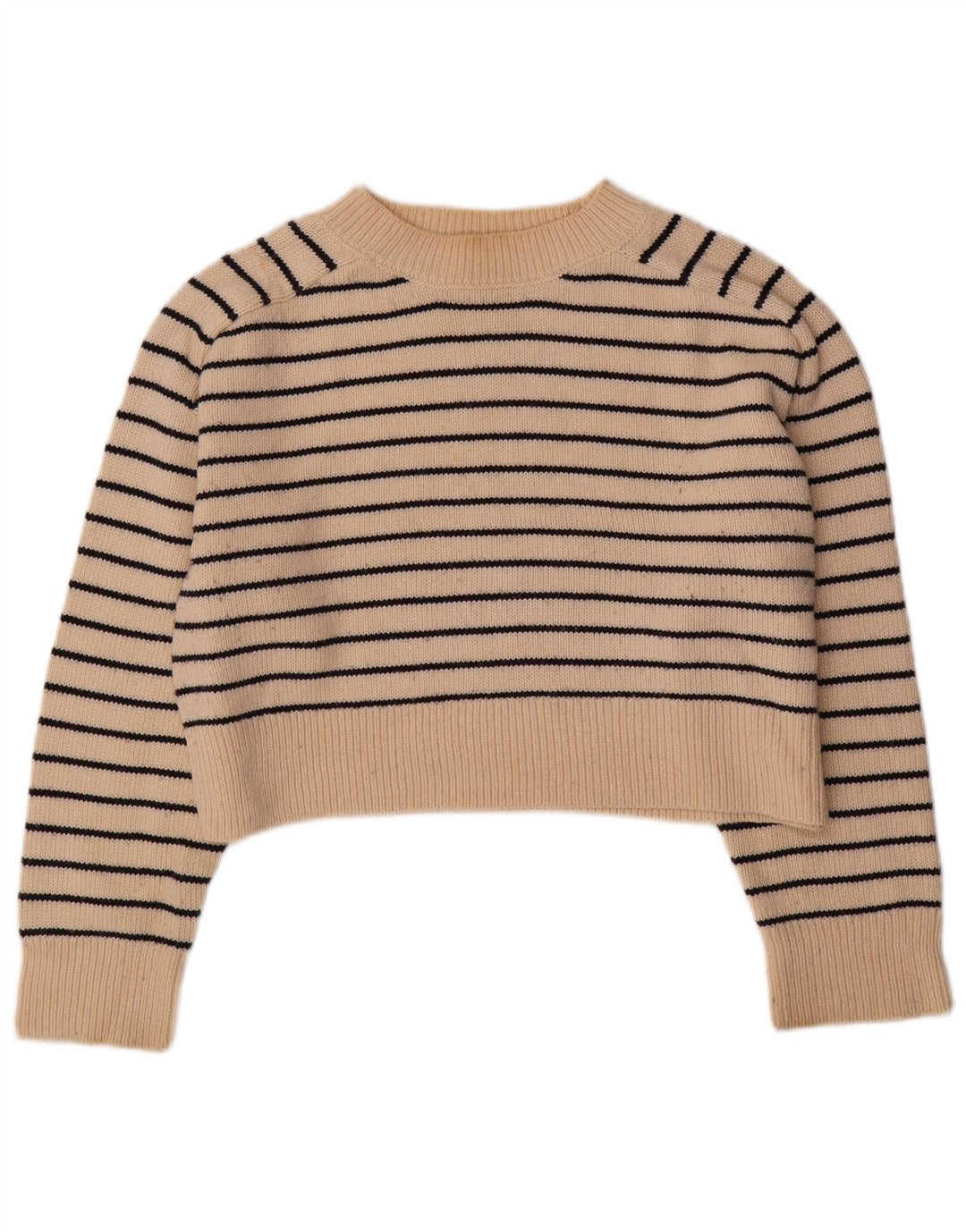 ZARA Damen Pullover mit bauchfreiem U-Boot-Ausschnitt, Gr. 10, Größe S, gebrochenes Weiß, gestreift