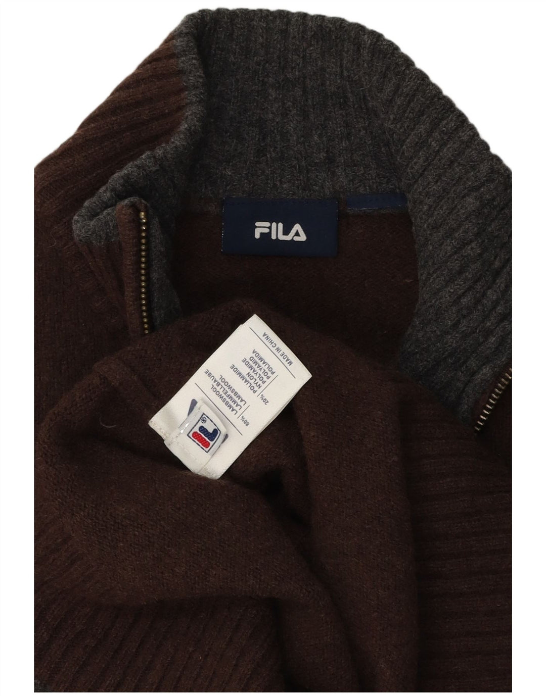 Fila Herren-Pullover mit Reißverschluss am Hals, große braune Lammwolle