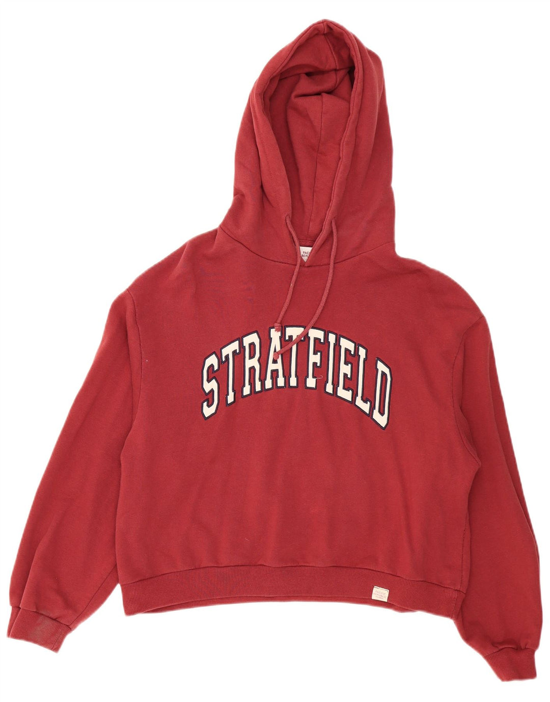 Pull & Bear Damen-Kapuzenpullover mit übergroßem, bauchfreiem Grafikdesign, Gr. 14, Mittelrot