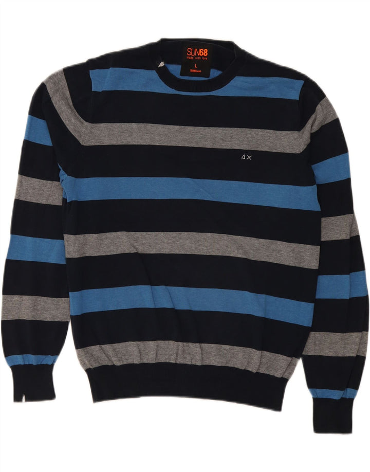 Sun68 Herren-Pullover mit Rundhalsausschnitt, groß, blau gestreift, Baumwolle