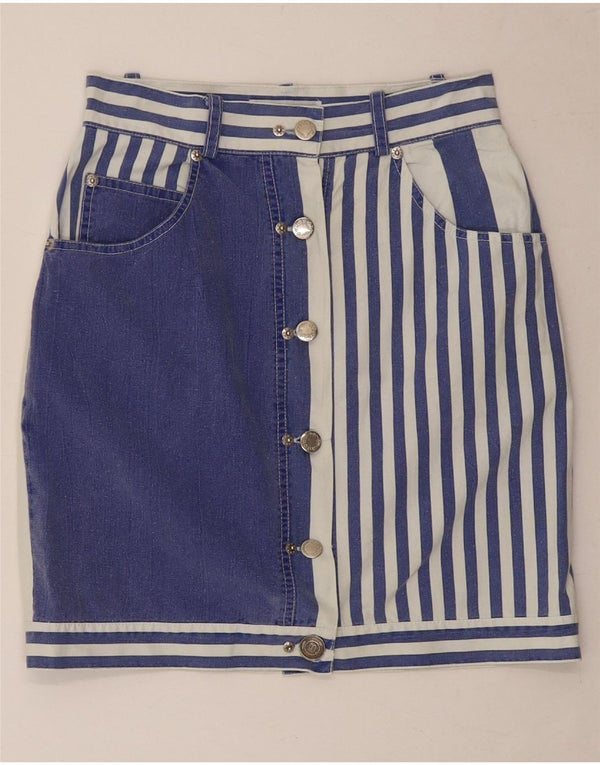 Vintage Damen Mini Bleistiftrock UK 8 Small W26 Marineblau gestreift Baumwolle