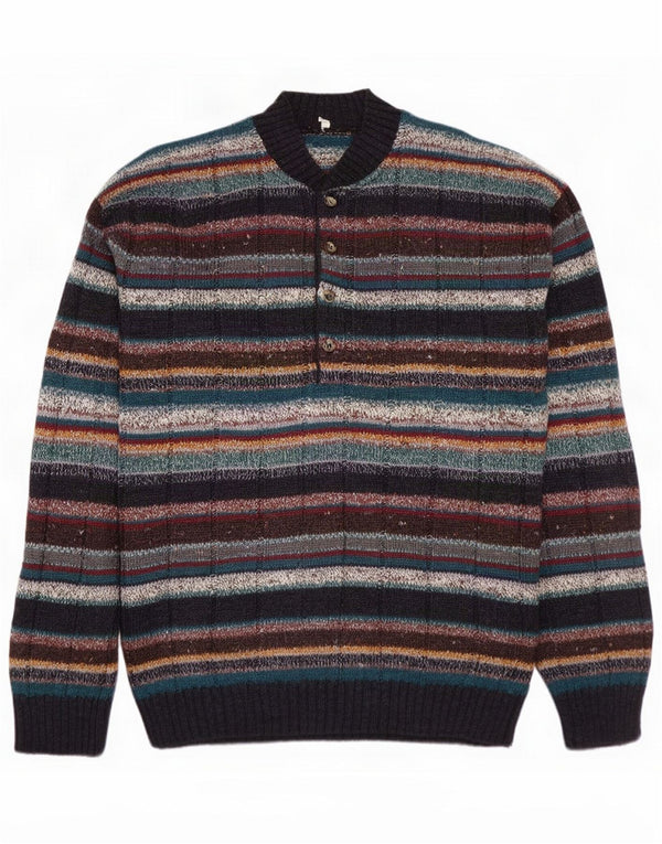 Vintage Mens Button Neck Jumper Sweater Medium Multicoloured Striped Wool