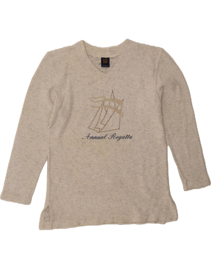 LOTTO Womens Graphic V-Neck Jumper Sweater UK 14 Medium Grey Flecked Vintage Lotto and Second-Hand Lotto from Messina Hembry 