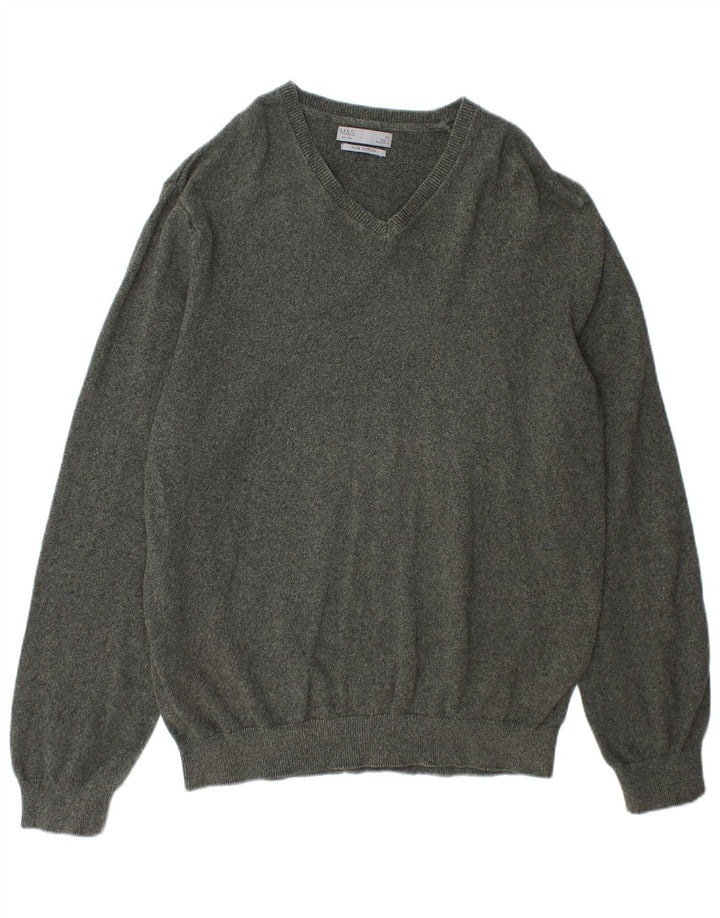 Marks & Spencer Herren-Pullover mit V-Ausschnitt, XL, grüne Baumwolle