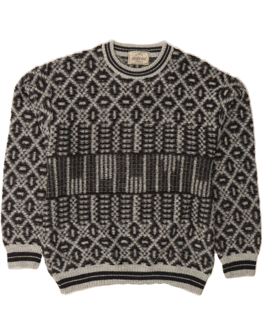 SUSPENSE COLLECTION Mens Crew Neck Jumper Sweater Large Grey Fair Isle Vintage Suspense Collection and Second-Hand Suspense Collection from Messina Hembry 