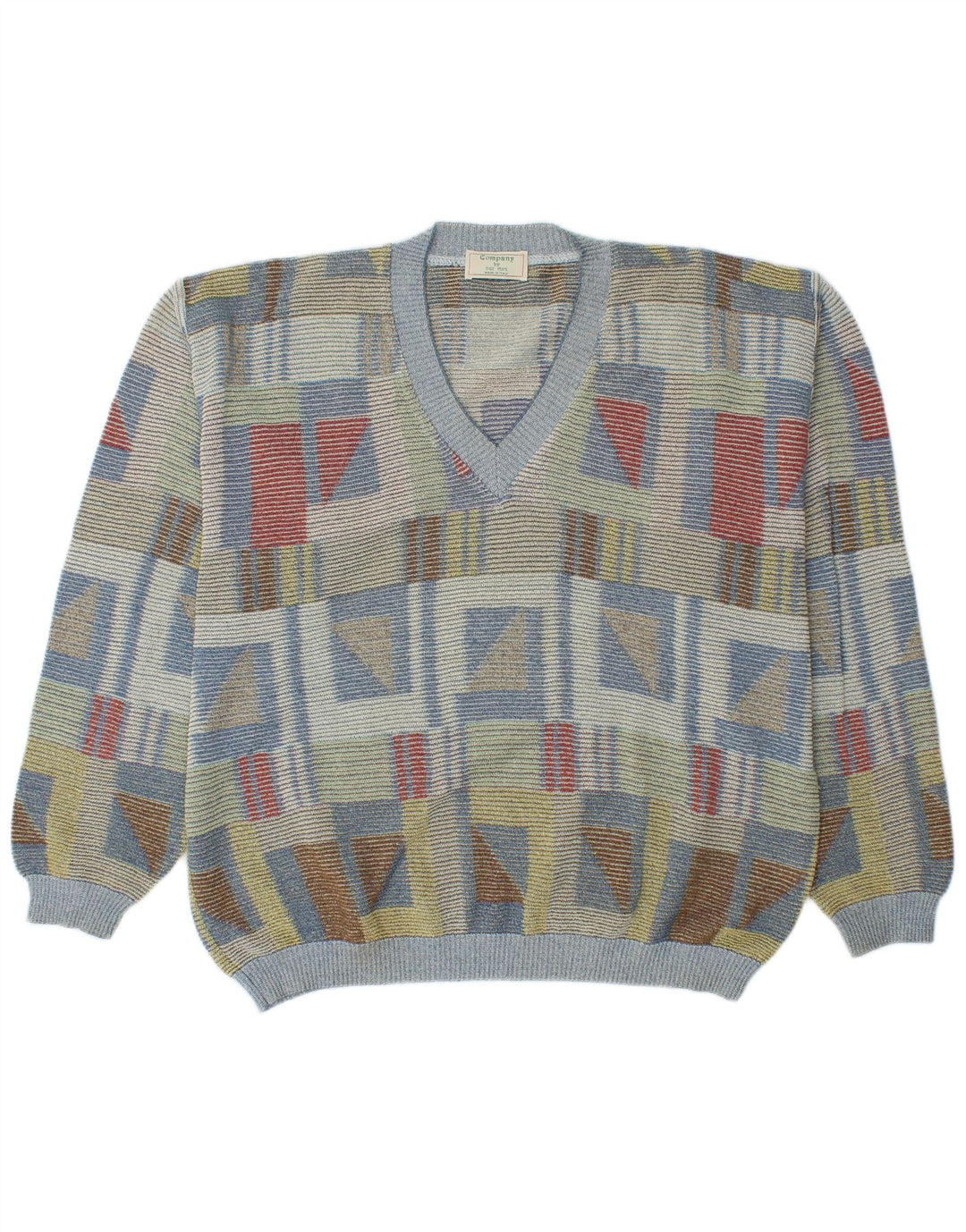 VINTAGE Herren-Pullover mit V-Ausschnitt, Größe 52, groß, mehrfarbig, geometrisch