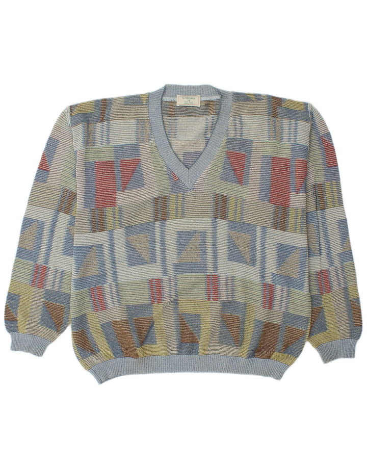 VINTAGE Herren-Pullover mit V-Ausschnitt, Größe 52, groß, mehrfarbig, geometrisch