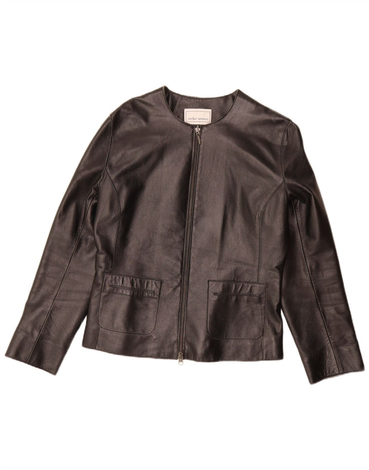 Michel Ambers Damen-Blazerjacke aus Leder mit durchgehendem Reißverschluss, UK 12, Mittelschwarz