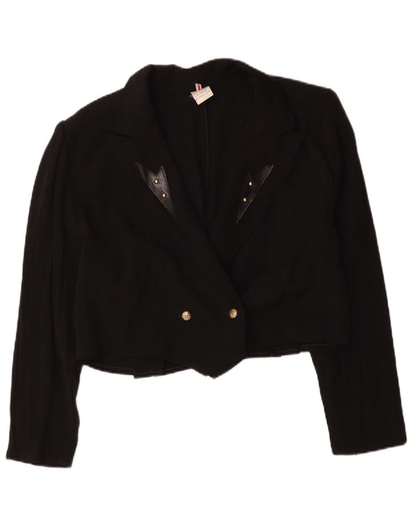Vintage Damen Crop Zweireiher Blazer Jacke UK 16 Large Schwarz