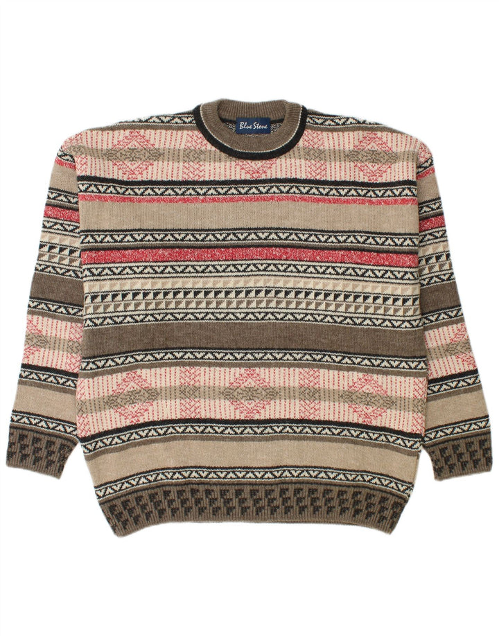 Vintage Herren-Pullover mit Rundhalsausschnitt, große, mehrfarbige, geometrische Wolle