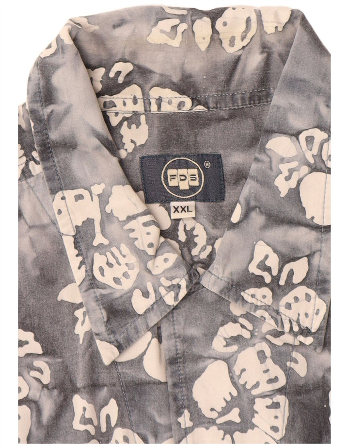 Vintage Herren Kurzarmhemd 2XL Grau geblümte Baumwolle