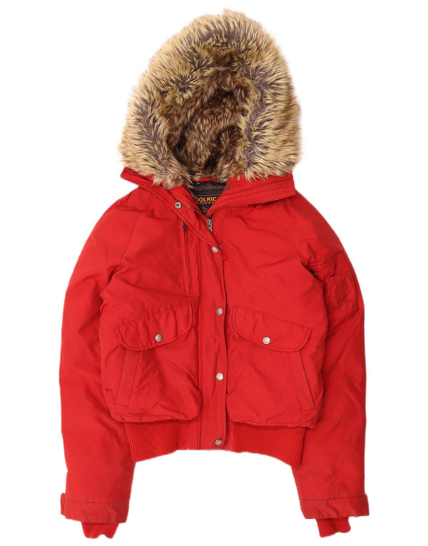Woolrich Wattierte Damenjacke mit Kapuze, UK 14, mittelrotes Nylon