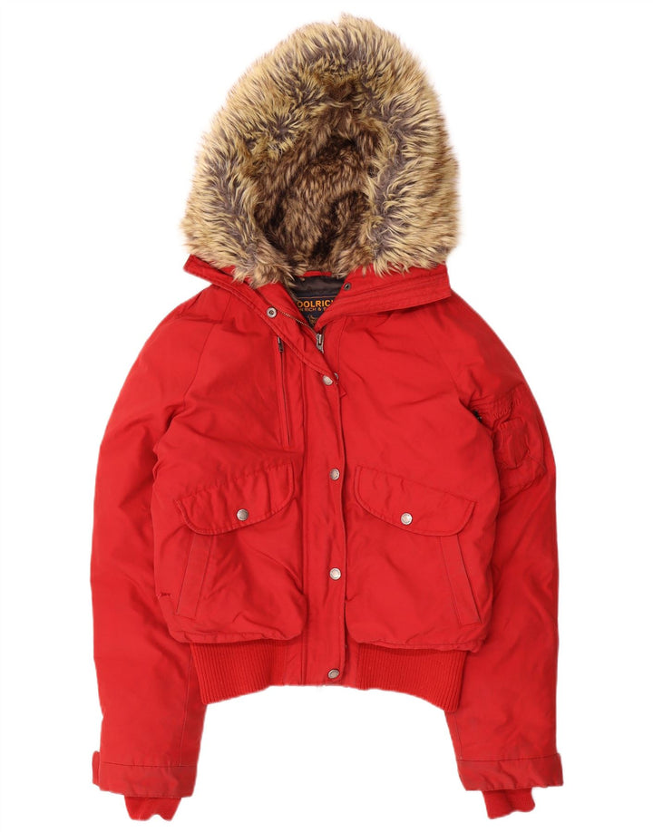 Woolrich Wattierte Damenjacke mit Kapuze, UK 14, mittelrotes Nylon