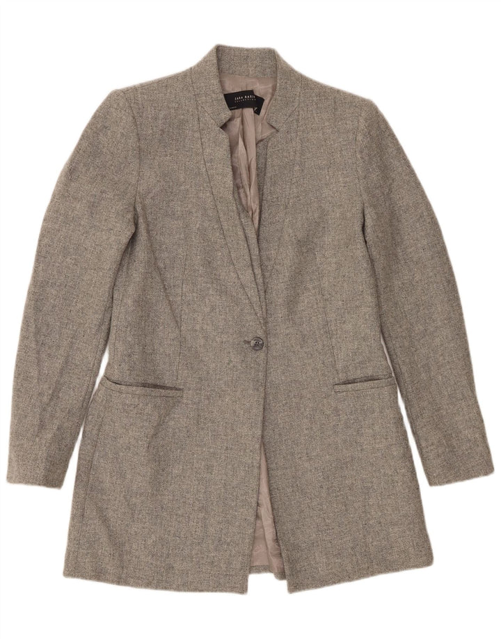 Zara Damen Longline 1 Button Blazer Jacke UK 12 Mittelgraue Lammwolle