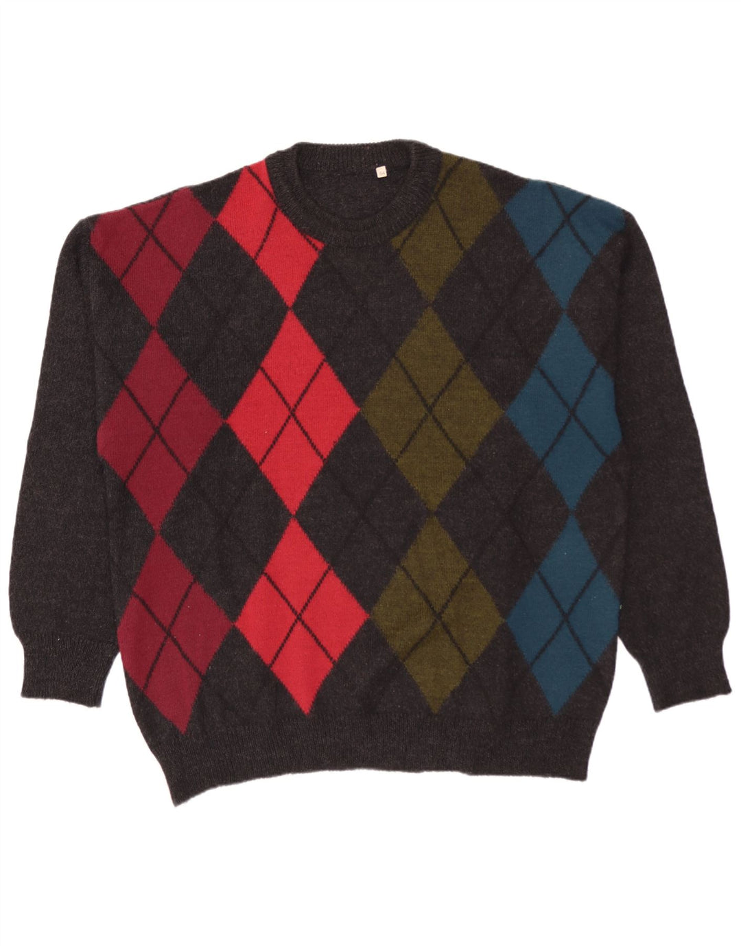 Vintage Herren Pullover mit Rundhalsausschnitt IT 54 XL Grau Argyle/Diamant