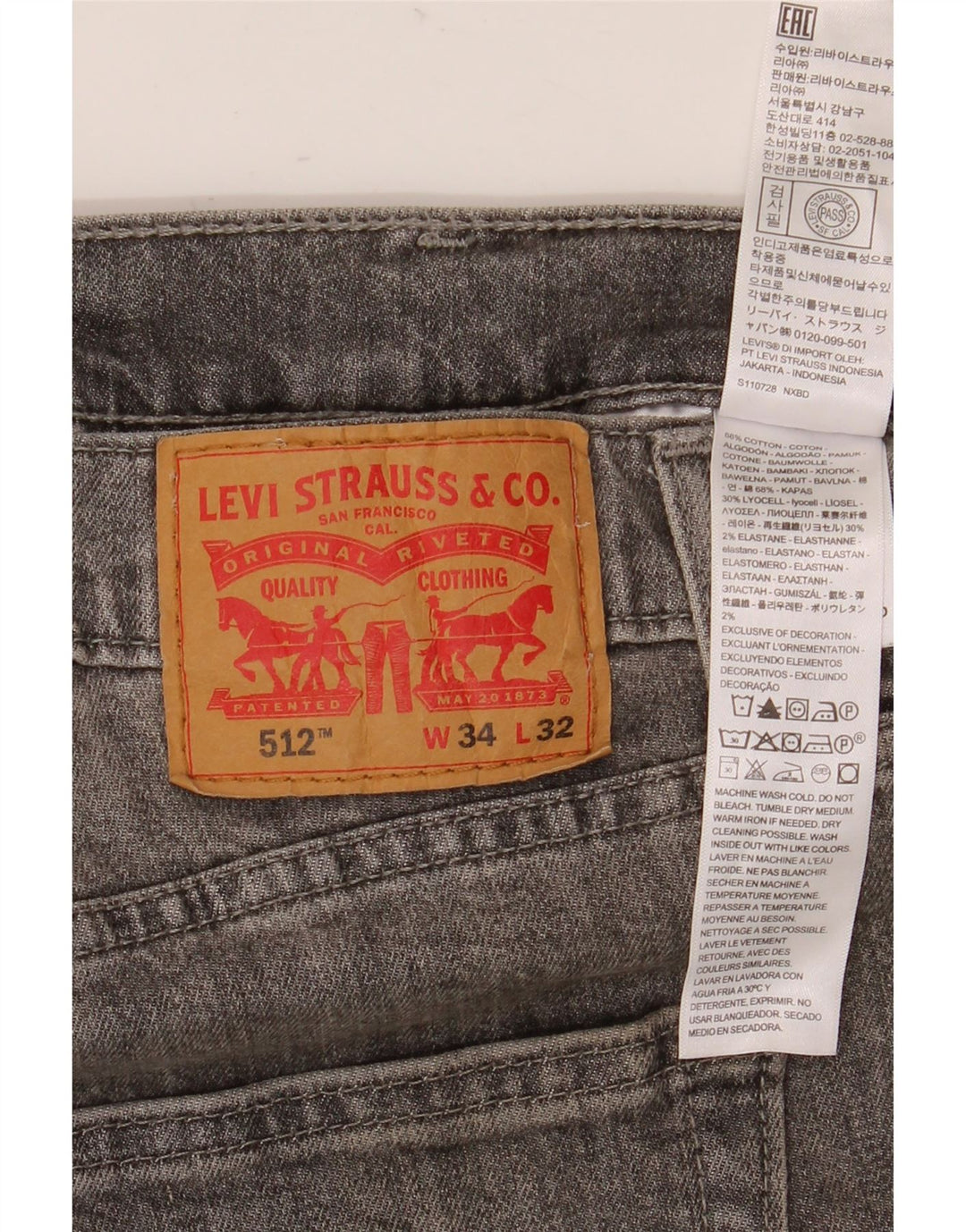 Levi's Herren 512 Slim Tapered Jeans W34 L32 Graue Baumwolle
