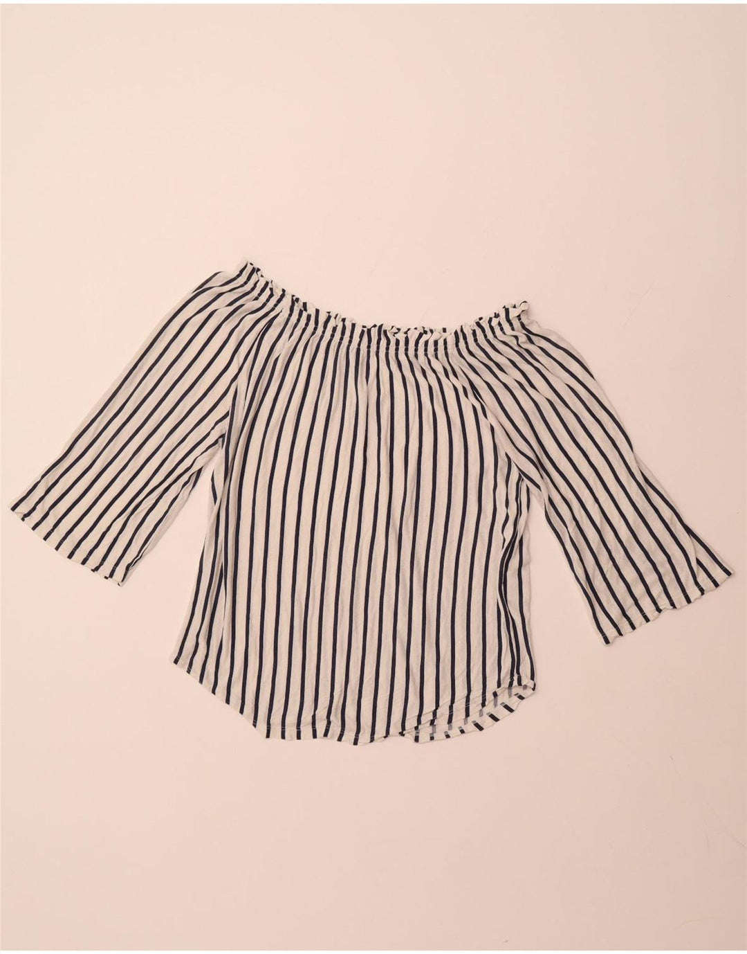 BENETTON Damen-Top mit 3/4-Ärmeln, schulterfrei, UK-Größe 44, mittelweiß gestreift