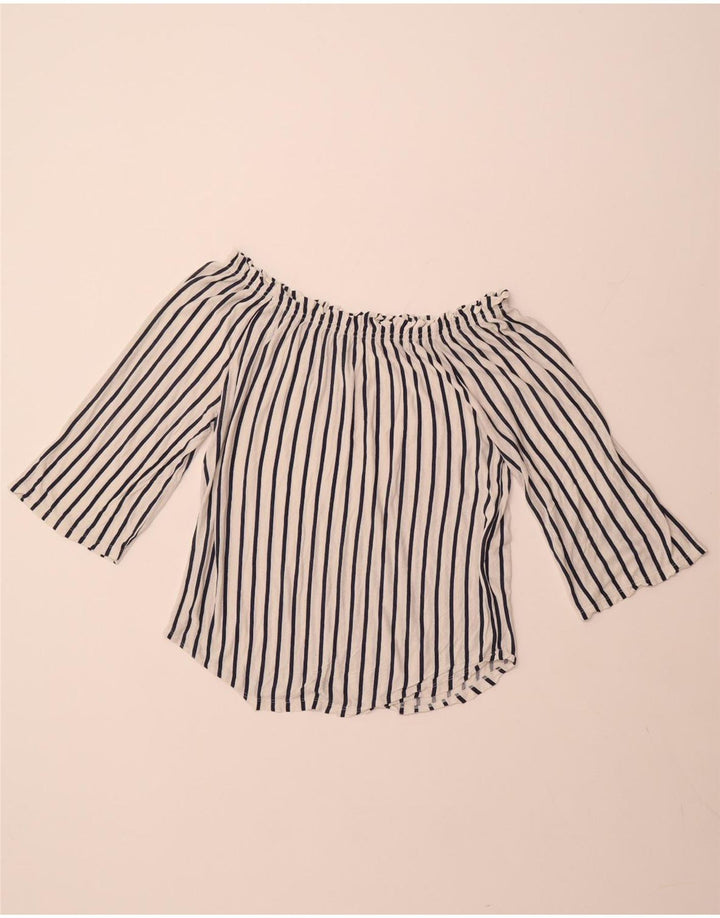 BENETTON Damen-Top mit 3/4-Ärmeln, schulterfrei, UK-Größe 44, mittelweiß gestreift