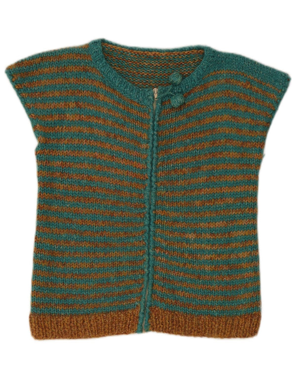 Vintage Womens Short Sleeve Cardigan Sweater UK 12 Medium Green Striped