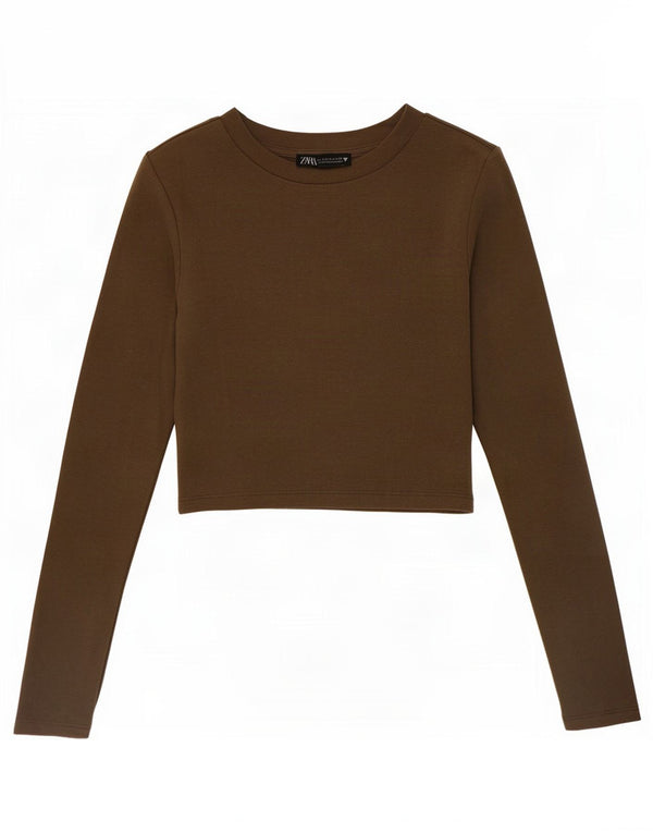 Zara Damen Crop Top Langarm UK 8 Small Khaki