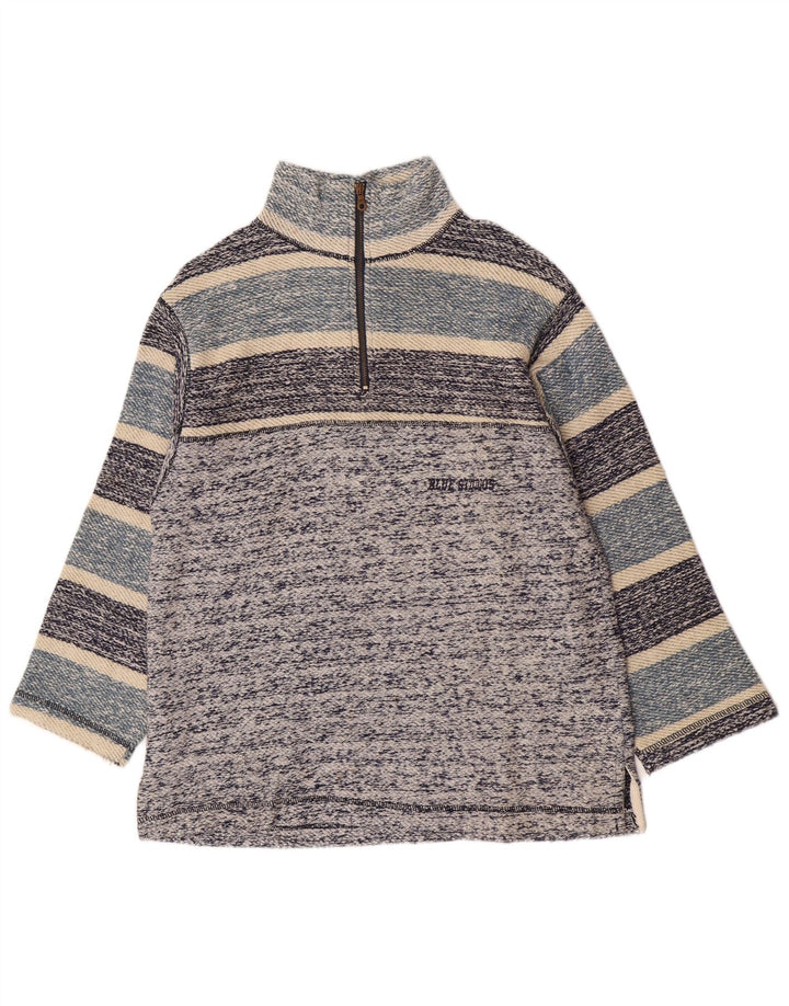 Vintage Herren 1/4 Reißverschluss Sweatshirt Pullover Mittelblau gestreift Retro