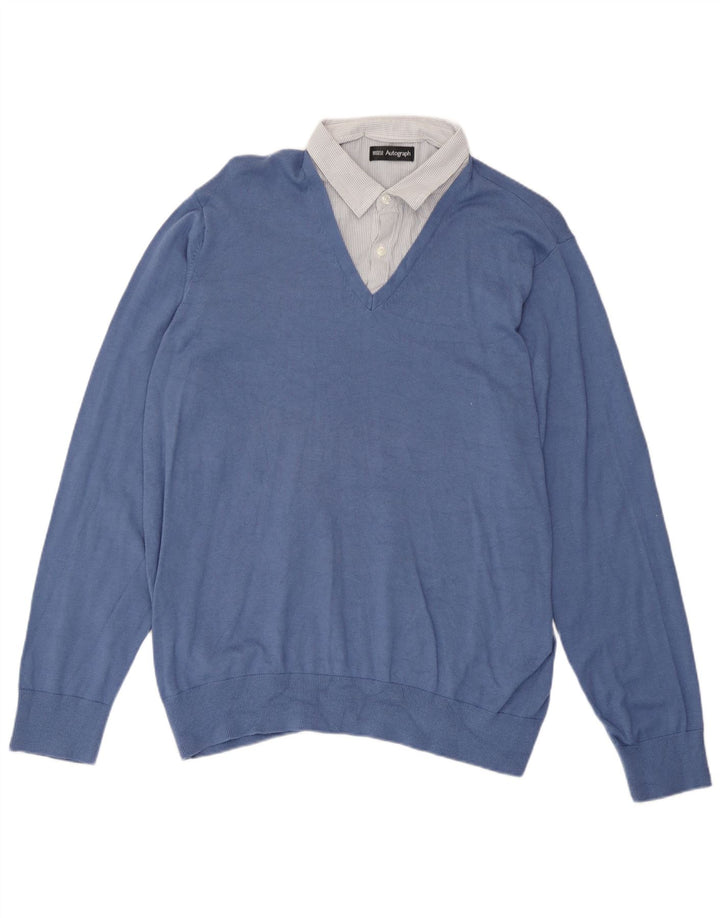Marks & Spencer Herren-Pullover mit V-Ausschnitt, XL, blaue Baumwolle