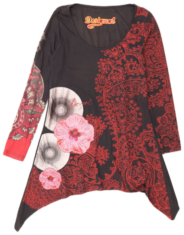 Desigual Damen Langarm-Asymmetrisches Tunika-Oberteil UK 12 Mittelgrau mit Blumenmuster
