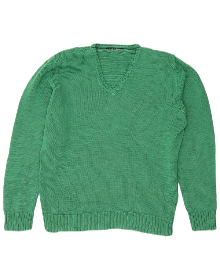 Zara Herren-Pullover mit V-Ausschnitt, groß, grüne Baumwolle