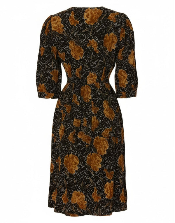 Vintage Womens 3/4 Sleeve Maxi Dress UK 16 Large Black Floral Acetate