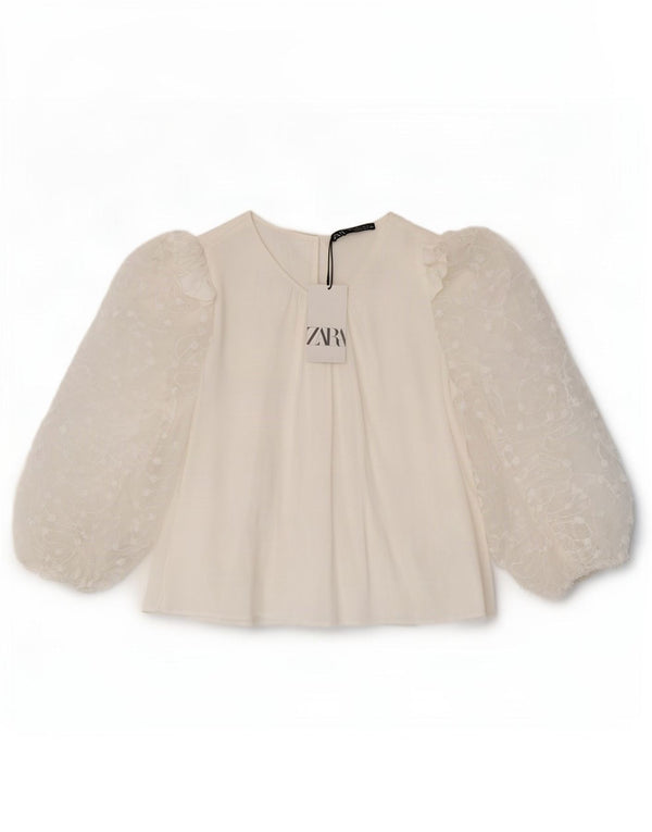 Zara Damen-Blusenoberteil mit 3/4-Ärmeln, UK-Größe 44, Größe L, weiße Viskose