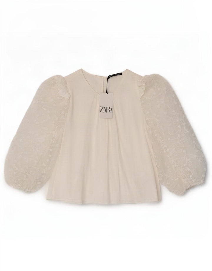 Zara Damen-Blusenoberteil mit 3/4-Ärmeln, UK-Größe 44, Größe L, weiße Viskose