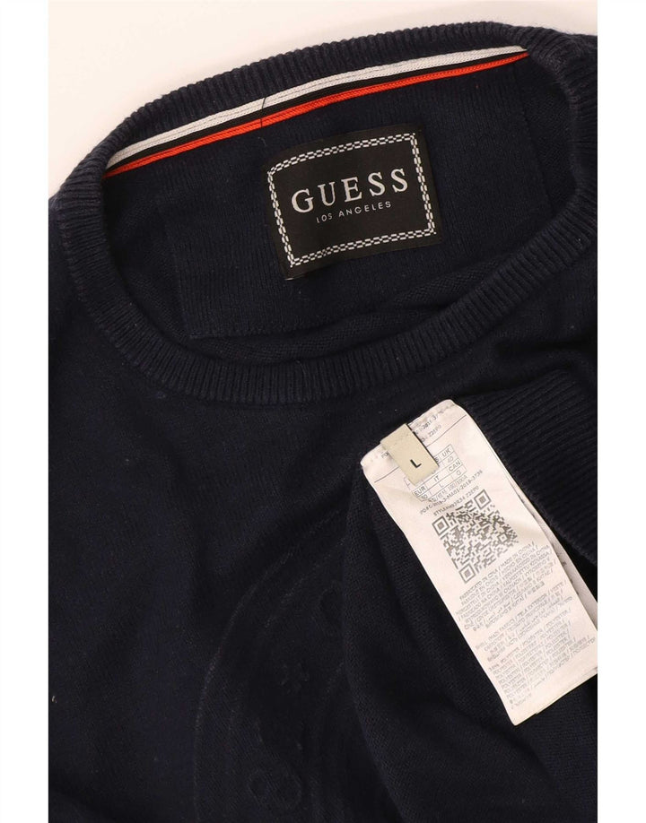 Guess Herren-Pullover mit grafischem U-Boot-Ausschnitt, Gr. 40, mittleres Marineblau