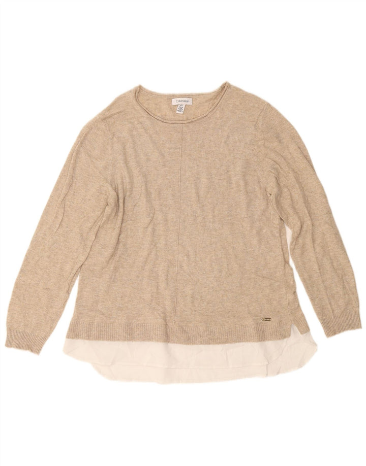 CALVIN KLEIN Womens Boat Neck Jumper Sweater UK 16 Large Beige Polyester