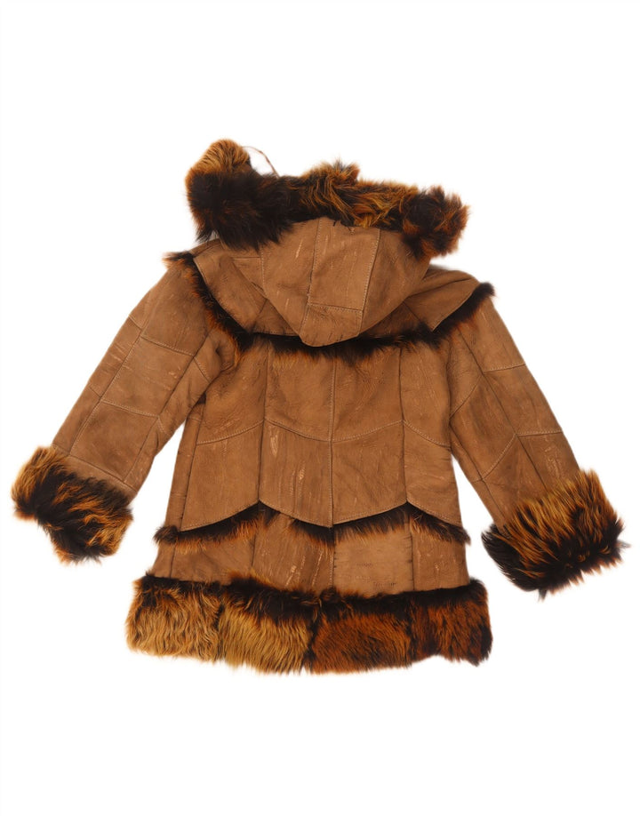 Vintage Mädchen-Jacke aus Lammfell mit Kapuze, 7–8 Jahre, Braun