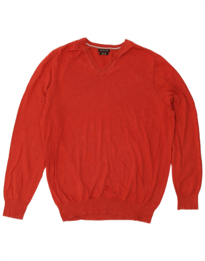 Massimo Dutti Herren-Pullover mit V-Ausschnitt, 2XL, rote Baumwolle