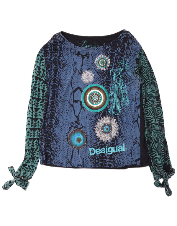 DESIGUAL Damen Graphic Top Langarm UK 18 XL Blaue Viskose mit Animal-Print