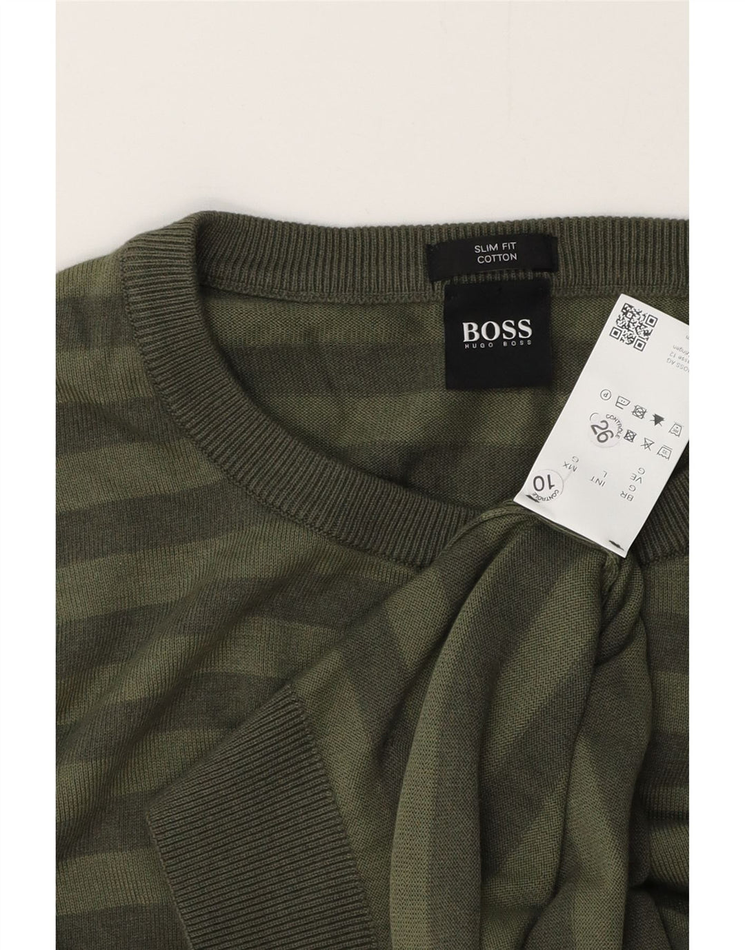 HUGO BOSS Herren Slim Fit Pullover mit Rundhalsausschnitt, groß, grün gestreift