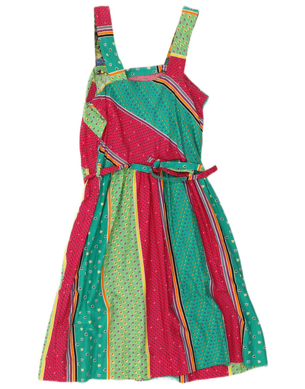 Vintage Damen Ärmelloses A-Linien-Kleid UK 10 Kleines mehrfarbiges Patchwork