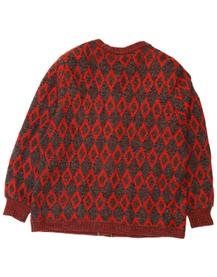 VINTAGE Damen Oversized Cardigan Pullover UK 16 Große rote geometrische Wolle