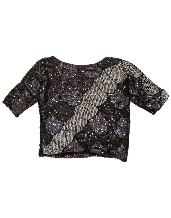 Vintage Damen Crop 3/4 Ärmel Bluse Top UK 14 Medium Schwarz Geometrisch