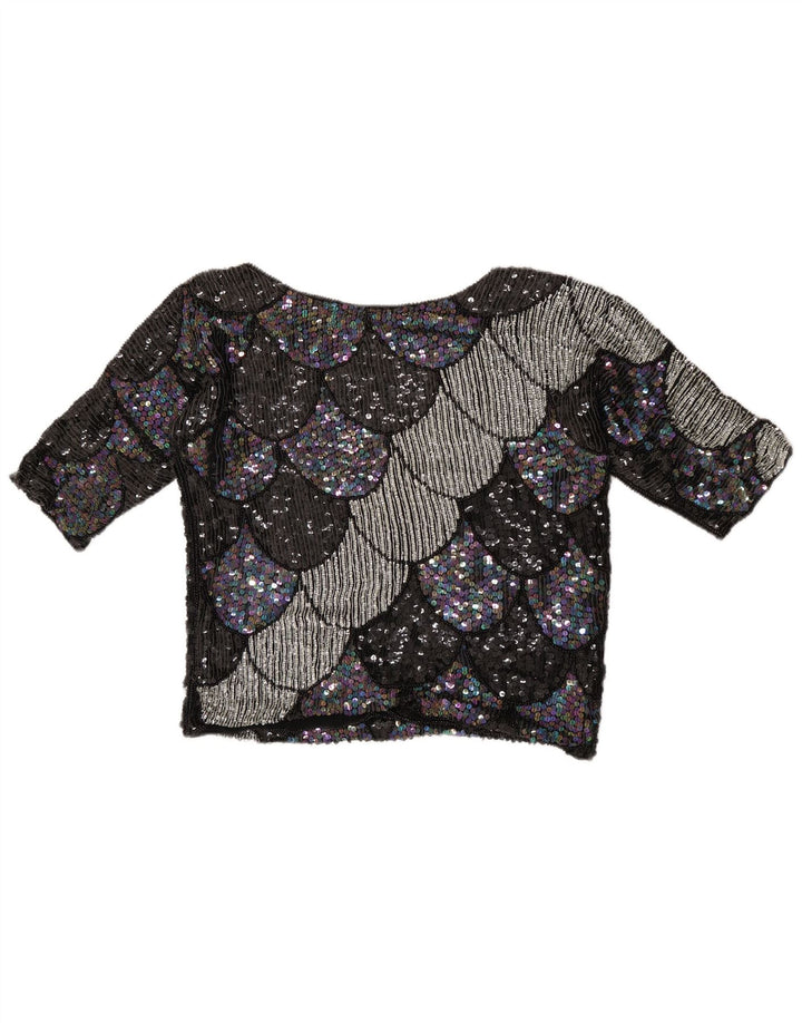 Vintage Damen Crop 3/4 Ärmel Bluse Top UK 14 Medium Schwarz Geometrisch