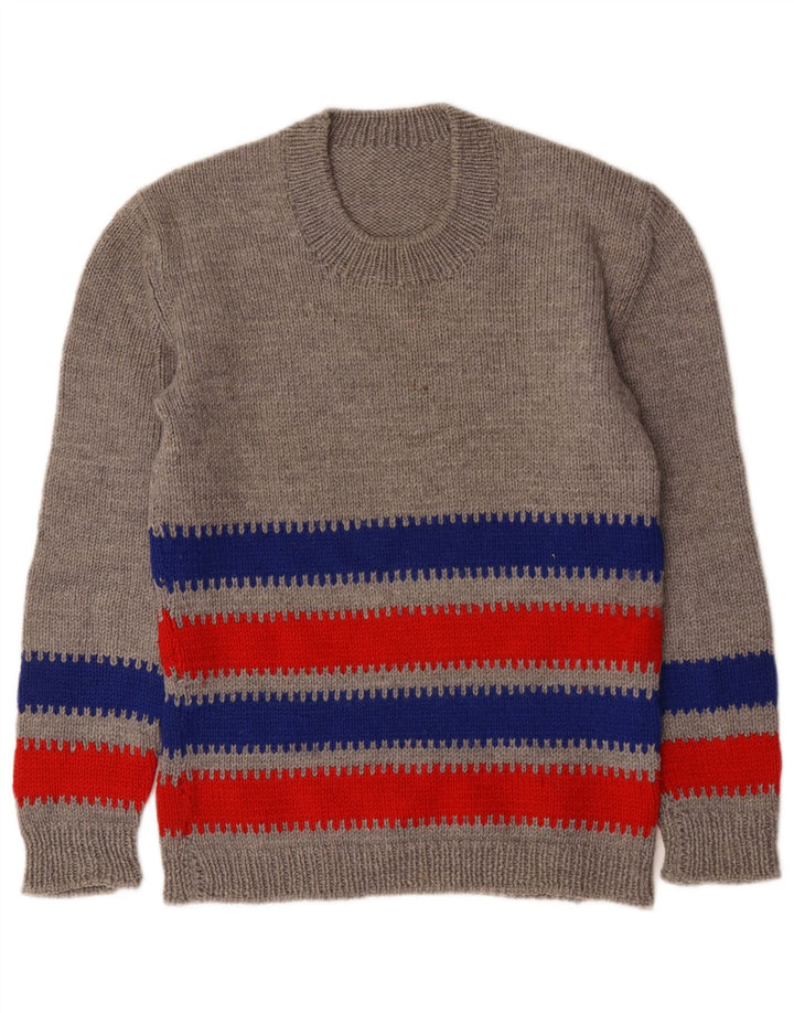 Vintage Damen Pullover mit Rundhalsausschnitt UK 14 Mittelgrau gestreift