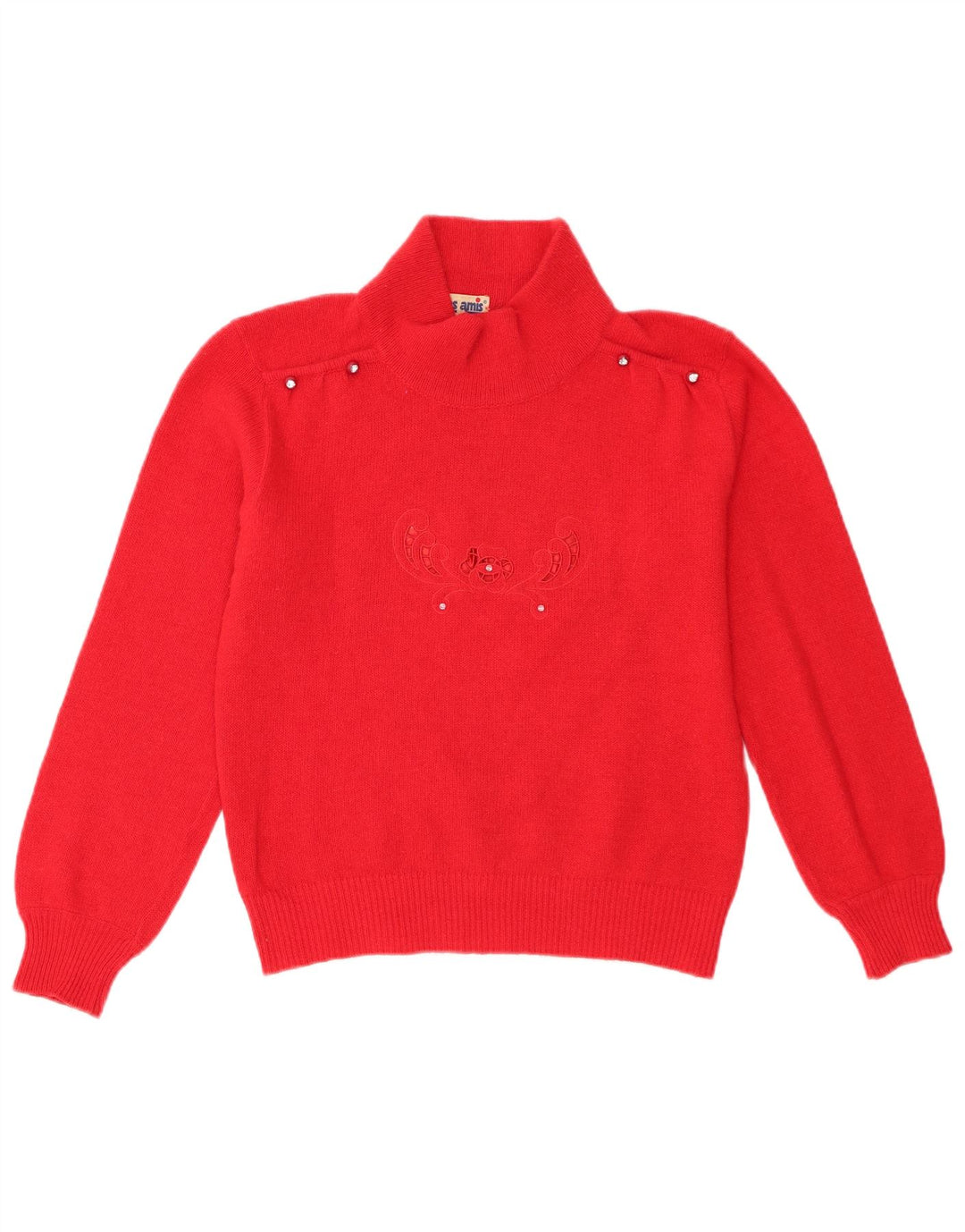 Vintage Damen Rollkragenpullover Pullover UK 12 Mittelrote Wolle mit Blumenmuster
