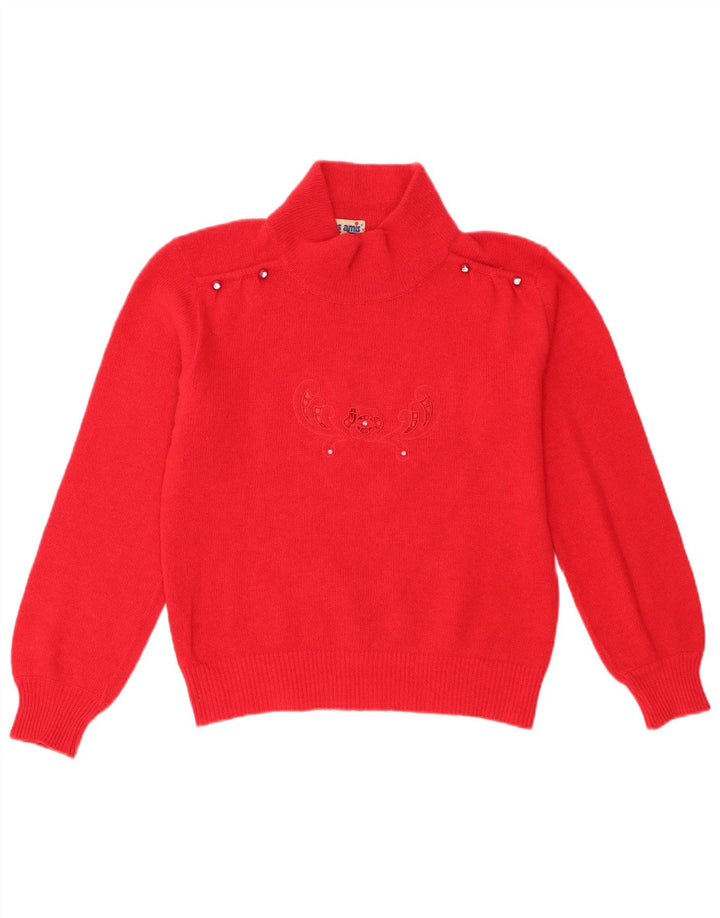 Vintage Damen Rollkragenpullover Pullover UK 12 Mittelrote Wolle mit Blumenmuster