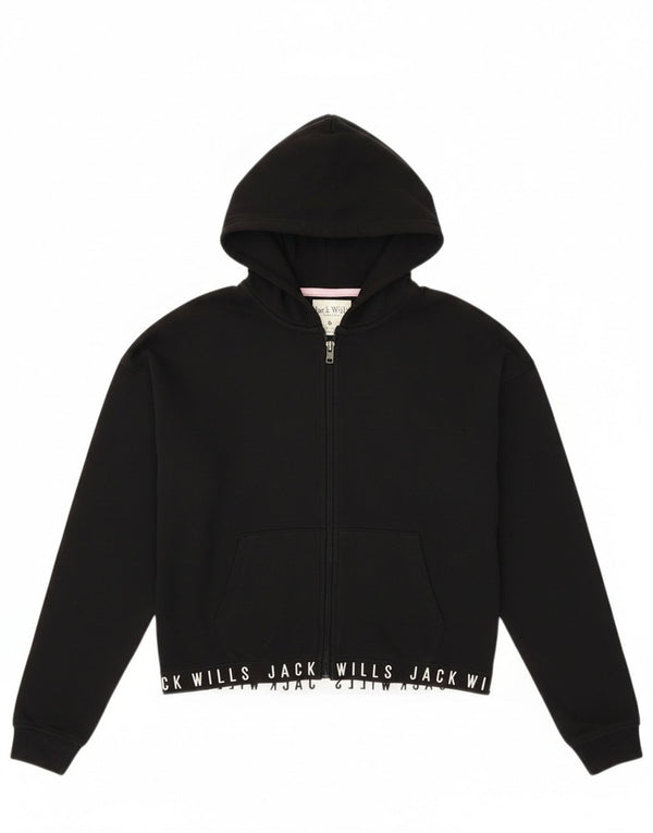 Jack Wills Mädchen-Kapuzenpullover mit Reißverschluss und bauchfreiem Grafikmuster, 14–15 Jahre, aus schwarzer Baumwolle