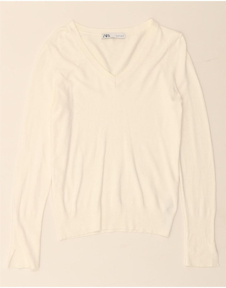 ZARA Damen-Pullover mit V-Ausschnitt, Gr. 10, Größe S, weiße Viskose