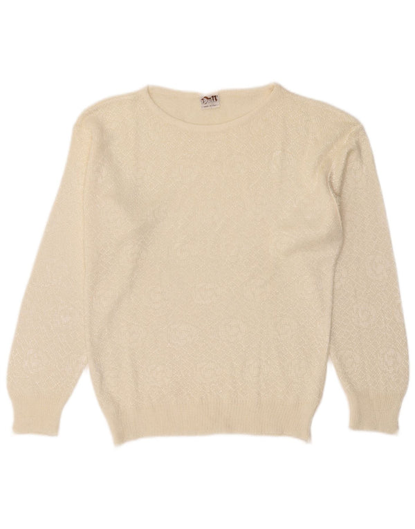 Vintage Damen Pullover mit U-Boot-Ausschnitt, UK 12, Mittelweiß, Acryl
