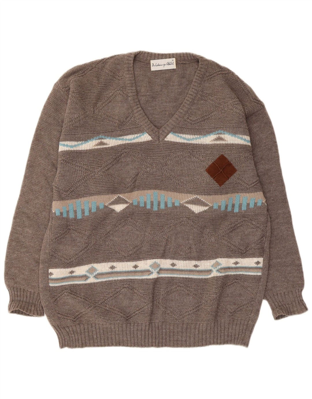 Vintage Herren V-Ausschnitt Pullover Pullover Mittelgrau Argyle/Diamond Wool