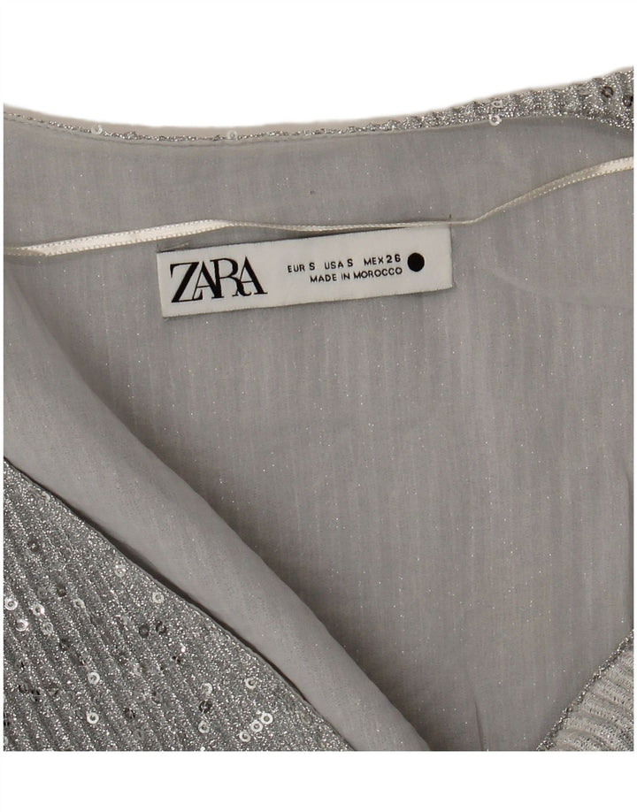 Zara Damen Crop Top Langarm UK 10 Small Silber