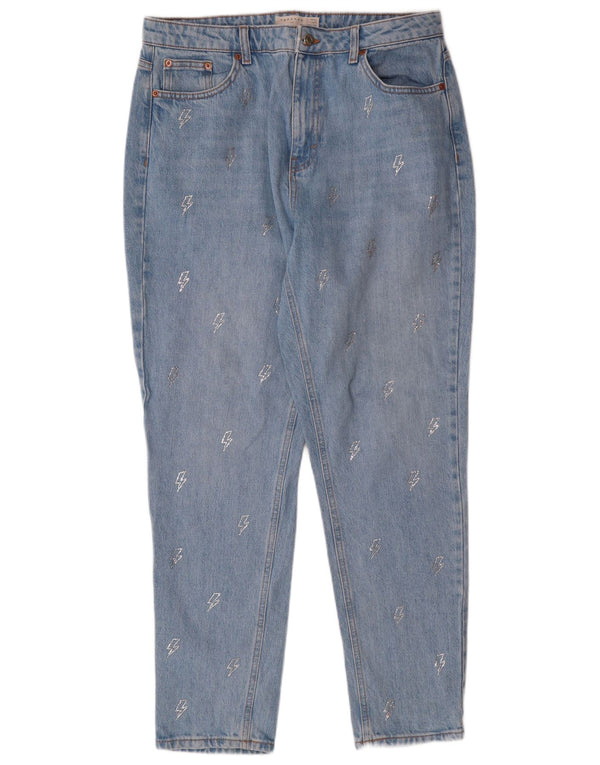 Topshop Damen Mom-Jeans mit hoher Taille, W34, L29, blaue geometrische Baumwolle